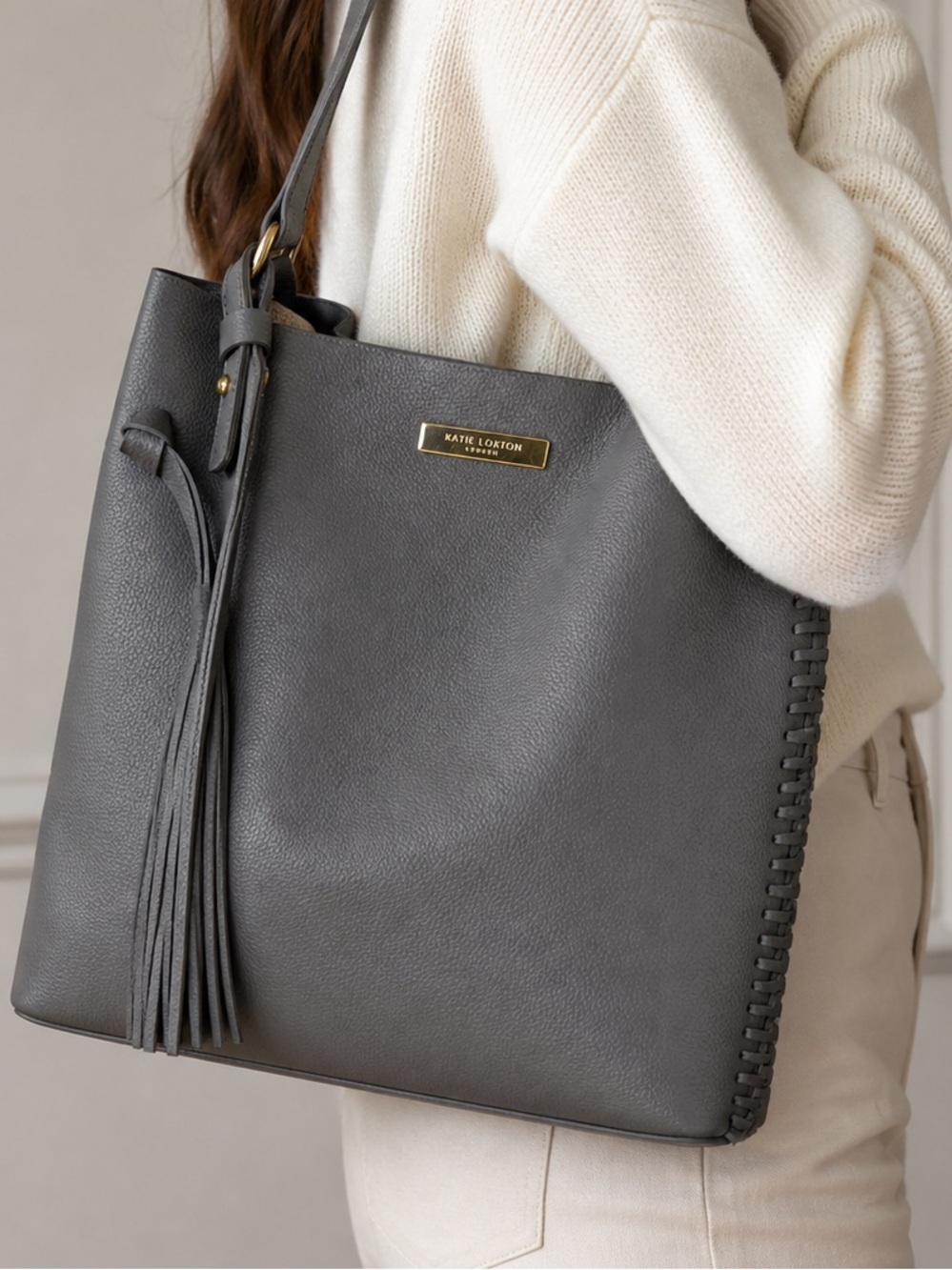 Katie Loxton Gray Leather Tassel Shoulder Tote Bag